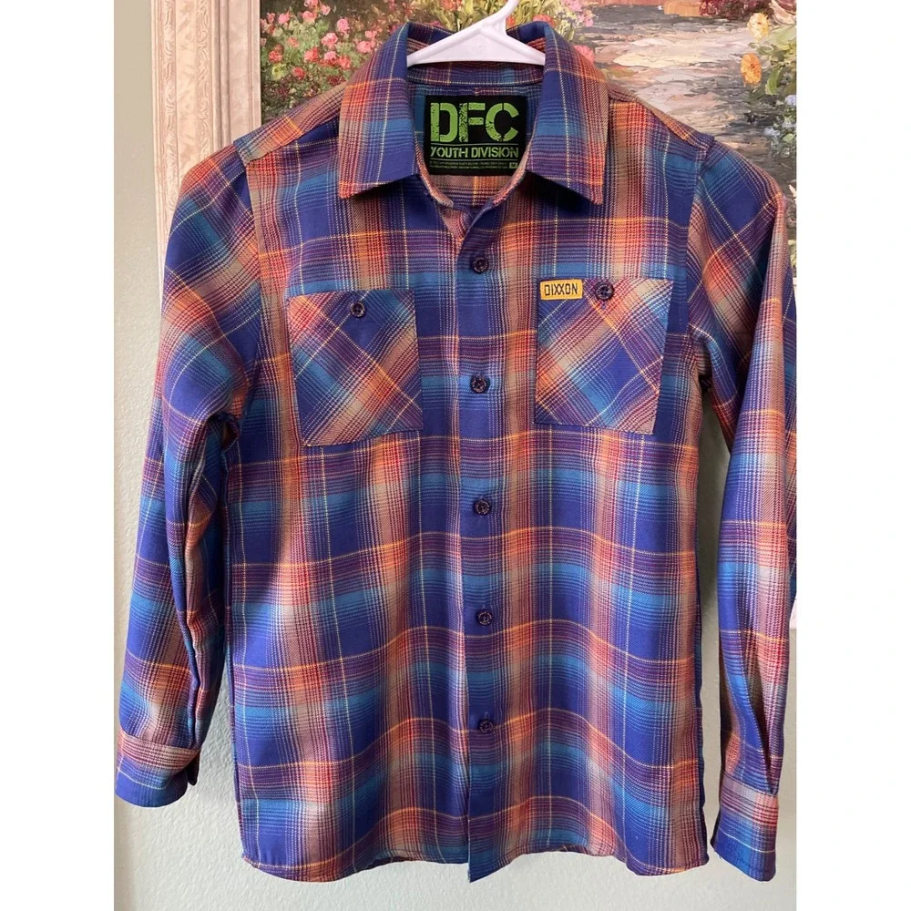 Dixxon Flannel DFC Boy's Youth Division Size M Blue Orange Plaid Long Sleeve